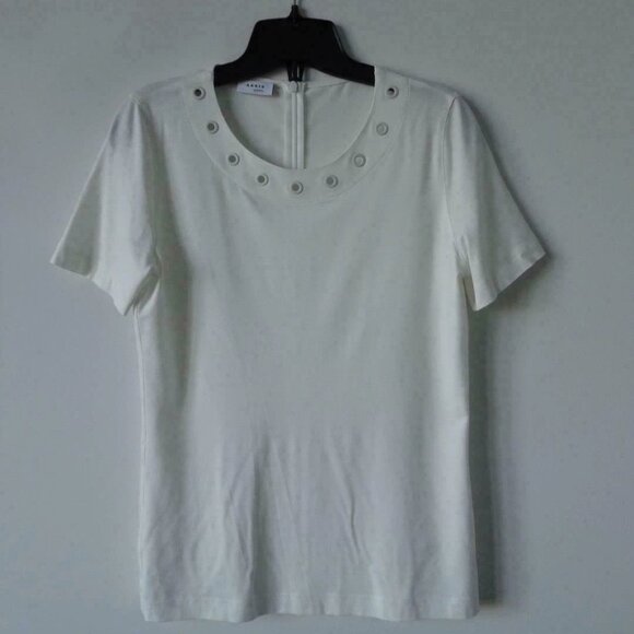 New AKRIS White Round Neck Short Sleeve Modal Top w/ Rib Eyelet Detail Size 8 - Picture 6 of 7